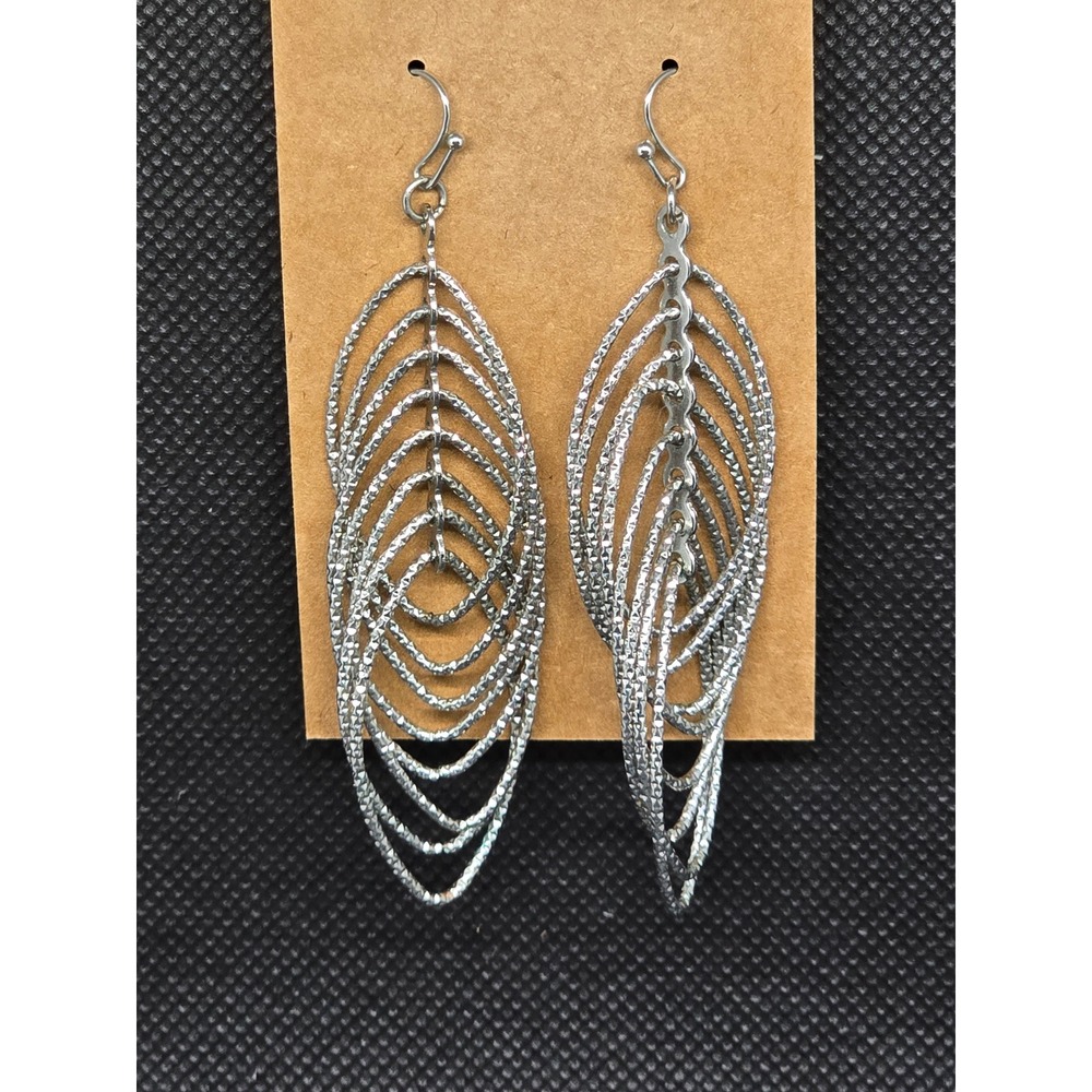 Silver Tone Textured Tiered Marquise Drop Earrings Diamond Cut Dangle Statement
